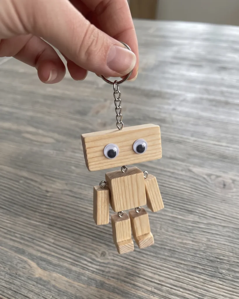 Selbstgemachter Holzroboter als Schlüsselanhänger, an einer Hand baumelnd