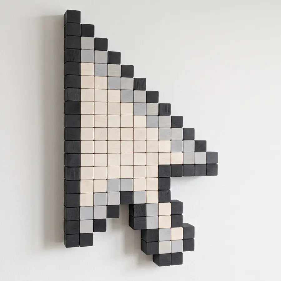 Mauszeiger als Pixel-Bild aus schwarzen, grauen und hellen Holzwürfeln