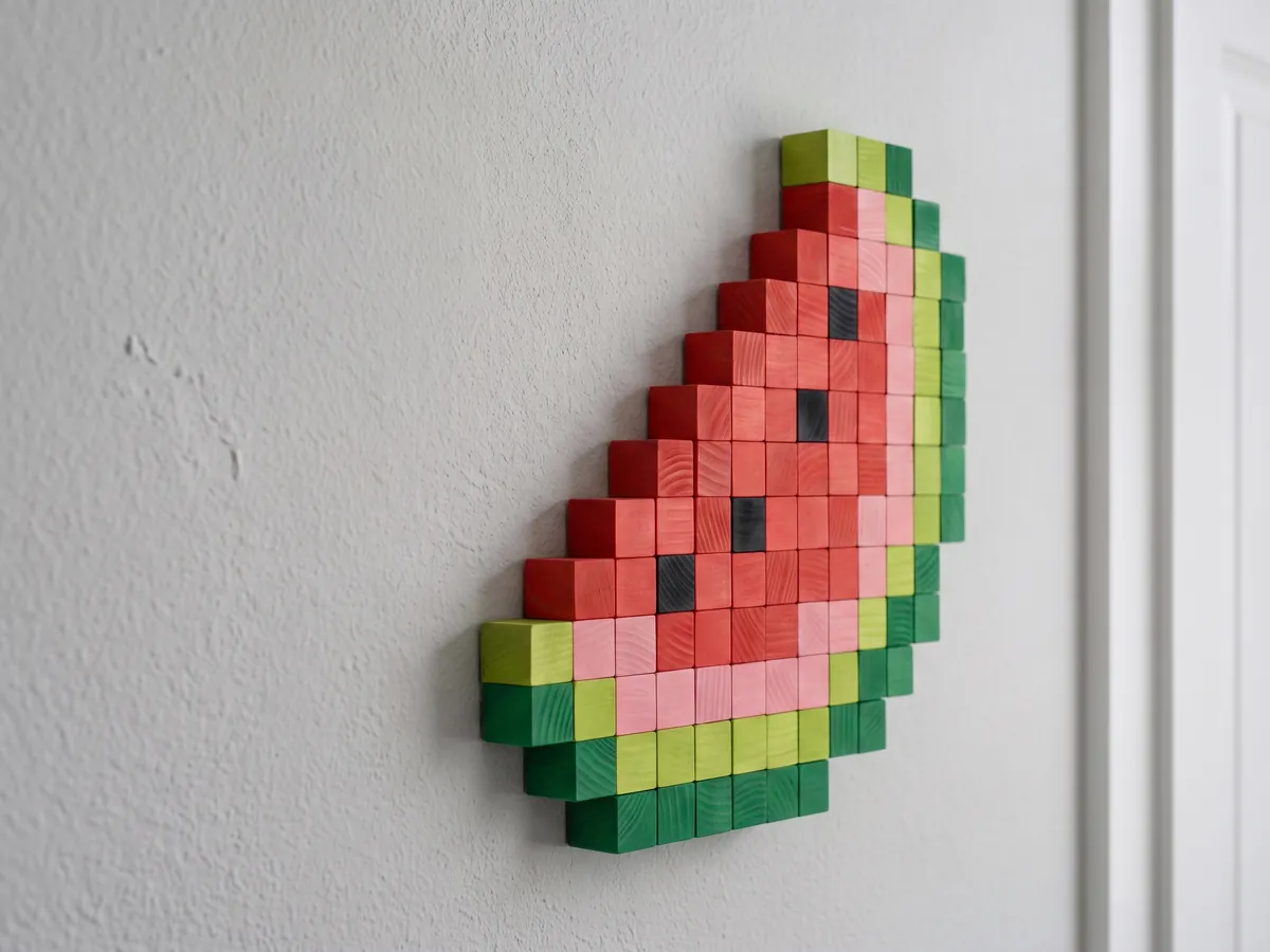 Wassermelone als Pixel-Bild aus bemalten Holzwürfeln